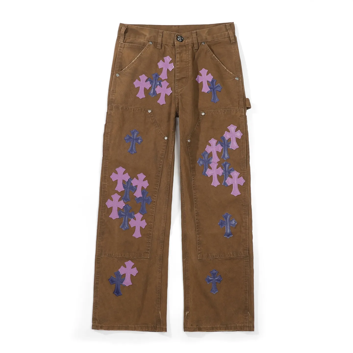 P300 Chrome Hearts Chrome Hearts Brown Logging Purple Multi-Leather Jeans Multi-leather Label Work Jeans CH Jeans All need to be washed and then disassembled and hand-stitched with sheepskin cross leather and then spliced together to complete. The whole process is too complicated to describe. About Chrome Hearts This is an extremely luxurious fashion brand that can also be called the aristocrat of the high street. It has always been an exclusive brand for some hipsters or the rich second generation. Compared with ordinary high streets, it is more luxurious and noble. Compared with luxury brands, it has a more fashionable personality. It has always been a brand that I have a special liking for. Color: Brown Size: 28 30 32 34 36